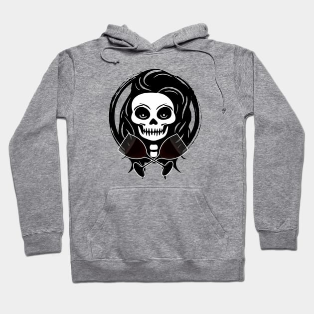 Female Wine Drinker Skull and Glasses Black Logo Hoodie by Nuletto